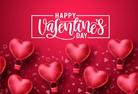 Happy valentines day heart balloons vector background design. Valentines day greeting text with flying heart air balloon elements in red pattern background. Vector Illustration.のイラスト素材