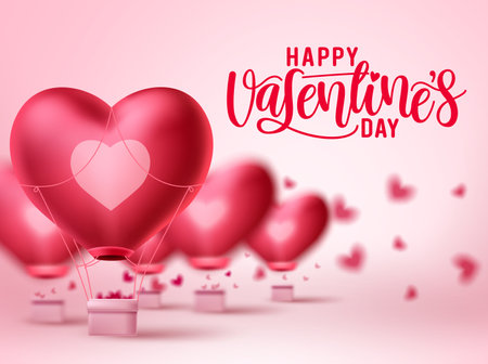 Valentines day heart balloon vector design. Happy valentines day greeting text with heart air balloon elements in blurred background. Vector Illustration.のイラスト素材
