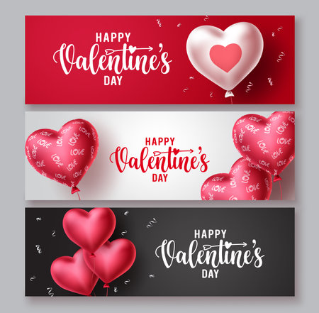 Happy valentines day vector banner greeting cards set. Valentines day greeting text with hearts shape balloon and patterns elements in colorful background. Vector illustration.のイラスト素材