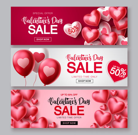 Valentines day sale vector banner set. Valentines day sale text with red heart balloon elements in red and white backgrounds for shopping promotions. Vector illustration.のイラスト素材