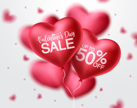 Valentines day sale heart balloon vector banner design. Happy valentines day sale promotion text with red heart balloon elements in blurred background. Vector illustration.のイラスト素材