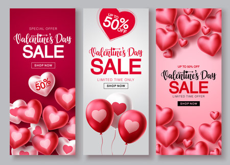Valentines day sale vector poster set. Valentines day sale text with heart balloon elements in red and white backgrounds for shopping banner promotions. Vector illustration.のイラスト素材