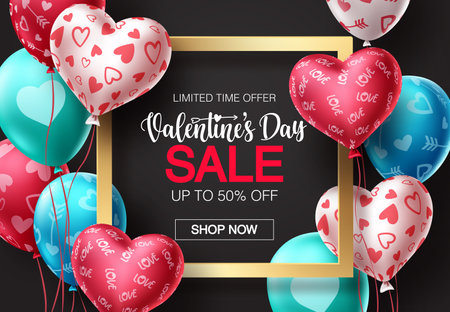 Valentines day sale balloons vector banner design. Happy valentines day sale promotion text with colorful balloons and heart elements in black background. Vector illustration.のイラスト素材