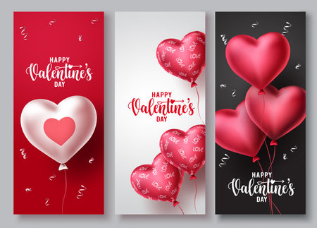 Happy valentines day vector poster background set. Valentines day greeting text background collection with hearts shape balloon and patterns elements. Vector illustration.のイラスト素材