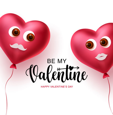 Valentine heart couple balloons vector concept design. Happy valentines text with 3d realistic lover heart balloons decoration elements in white background. Vector illustrationのイラスト素材