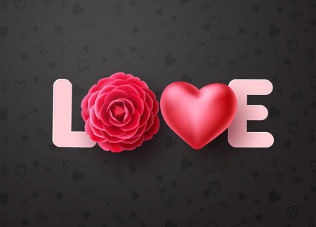 Love vector concept design. Love 3d text with dahlia or rose flower and heart elements for valentines day and wedding celebration in black pattern background. Vector illustrationのイラスト素材