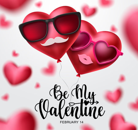 Be my valentine vector design. Heart couple balloons with sunglasses, mustache and lip decoration elements for valentine's day invitation and celebration in blurred background. Vector illustrationのイラスト素材