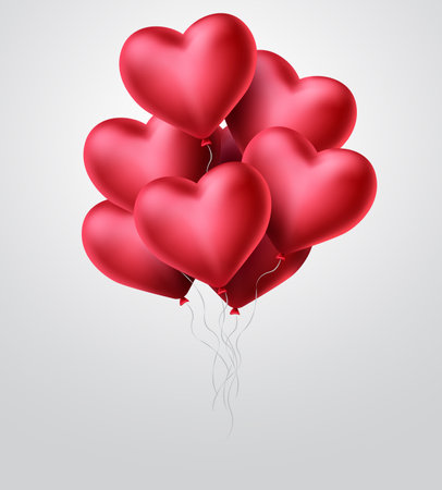 Heart balloons vector concept design. Valentines day with bunch of  red heart balloon elements flying in white background. Vector illustration.のイラスト素材