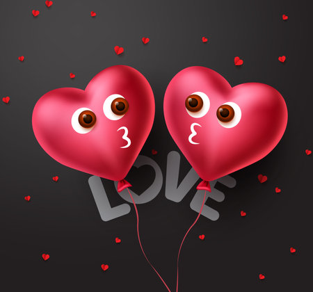 Hearts couple balloon concept design. Valentines 3d heart lovers balloon kissing elements with heart papercut in black background. Vector illustration.のイラスト素材
