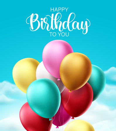 Happy birthday balloons vector design. Birthday text with colorful bunch of flying balloon elements for birthday party celebrations and invitation card. Vector illustrationのイラスト素材
