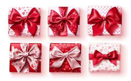 Valentine's gift set vector design. Valentines gift with pattern boxes and ribbon elements isolated in white background for surprise party celebration. Vector illustration.のイラスト素材
