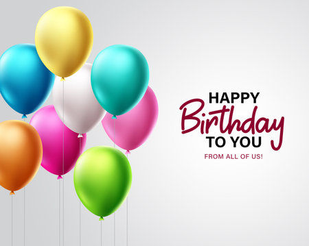 Birthday greeting vector design. Happy birthday to you text with colorful balloons for party celebration and decorations in white background. Vector illustration.のイラスト素材