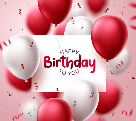 Happy birthday vector template design. Birthday greeting text with balloons and confetti elements for party celebrations and decoration in blurred background. Vector illustration.のイラスト素材