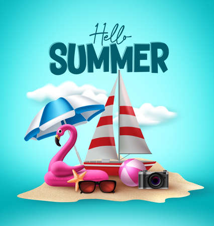 Hello summer vector design. Summer beach elements and hello summer text in sand island background for holiday vacation season. Vector illustration.のイラスト素材