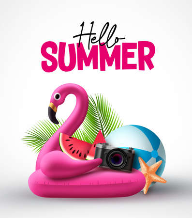 Hello summer vector concept design. Flamingo pink floater and summer beach elements in white background for holiday vacation. Vector illustration.のイラスト素材