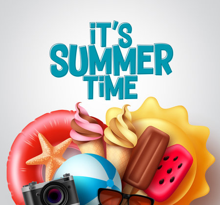 Summer time vector design. It's summer time text with tropical food and beach elements like ice cream, floater, and beachball for tropical season. Vector illustration.のイラスト素材