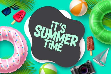 Summer time vector template design. It's summer time in blank space for text with tropical season elements like floaters and beach ball for beach vacation. Vector illustration.のイラスト素材