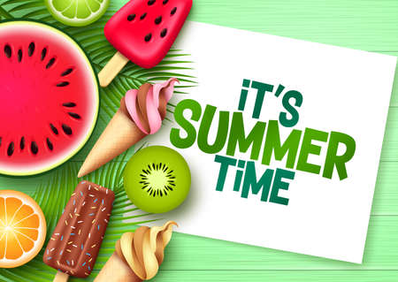 Summer time vector template design. It's summer time text in white frame space with tropical fruit elements like ice cream,   watermelon and citrus for tropical season. Vector illustration.のイラスト素材