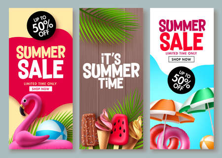 Summer sale vector poster design. Summer promotion flyer set for special promo shopping coupon sale design. Vector illustration.のイラスト素材