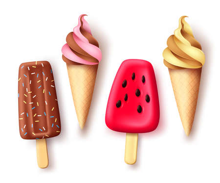 Summer ice cream   vector set. Tropical refreshment food collection with delicious flavor isolated in white background for hot season refresh. Vector illustration.のイラスト素材