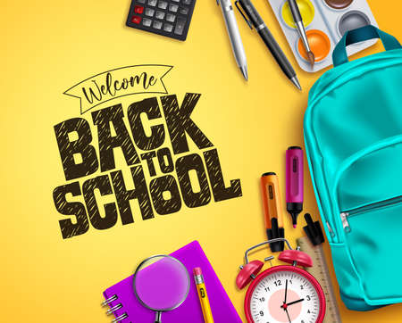 Back to school vector background design. Welcome back to school text with colorful educational supplies in yellow space background. Vector illustrationのイラスト素材