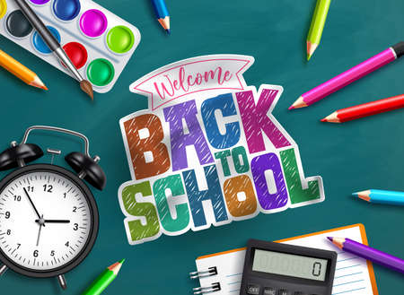 Back to school vector background design. Welcome back to school text with educational supplies like alarm clock, water color, notebook and color pencil in chalkboard background. Vector illustrationのイラスト素材