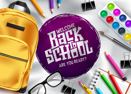 Back to school vector template design. Welcome back to school in empty space for text with educational items like backpack, water color, eyeglasses and paper clip in white background. Vectorのイラスト素材