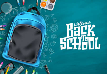 Back to school vector template design. Welcome back to school text in chalkboard space with 3d educational supplies in hand drawn background. Vector illustrationのイラスト素材
