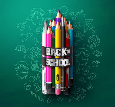 Back to school vector concept design. Back to school text with art supplies in hand drawn background with colorful pencils in green background for educational elements. Vector illustrationのイラスト素材