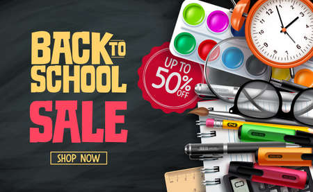 Back to school sale vector banner design. Back to school promotion text with 50% off educational supplies for advertisement design. Vector illustrationのイラスト素材