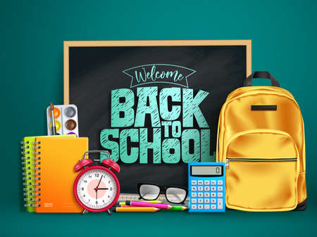 Back to school vector design. Welcome back to school text in chalkboard space with 3d educational supplies like bag, calculator, alarm clock and notebook in green background. Vector illustrationのイラスト素材