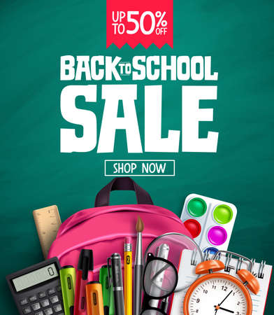 Back to school sale vector banner design. Back to school promotion text  with 50% off educational supplies for advertisement design. Vector illustrationのイラスト素材