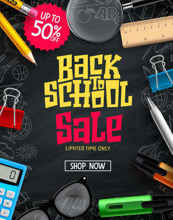 Back to school sale vector poster design. Back to school promotion text with 50% discount of educational supplies in black background . Vector illustrationのイラスト素材