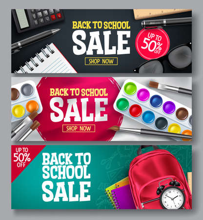 Back to school sale vector banner set. Back to school promo educational supplies for advertisement collection design. Vector illustrationのイラスト素材