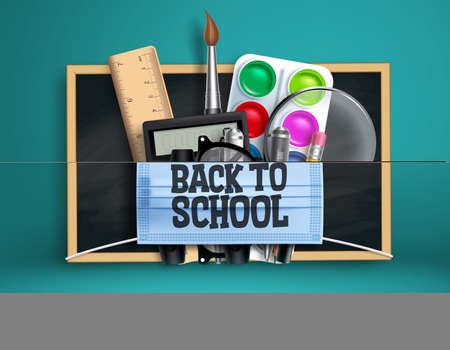 Back to school new normal vector design. Back to school text in face mask with 3d educational supplies for educational prevention campaign. Vector illustrationのイラスト素材