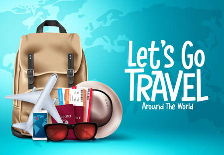 Travel vector template design. Let's go travel around the world text in blue map background for trip and tour worldwide vacation. Vector illustrationのイラスト素材
