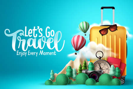 Travel vector design. Let's go travel text with traveler elements like luggage, passport, compass...