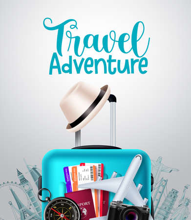 Travel adventure vector background design. Travel adventure text in empty space with traveler luggage, passport and ticket elements for trip and tour international vacation. Vector illustrationのイラスト素材