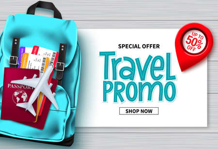 Travel sale vector banner design. Travel promo special offer text with traveler bags, passport and ticket elements for advertising and promotional background. Vector illustrationのイラスト素材