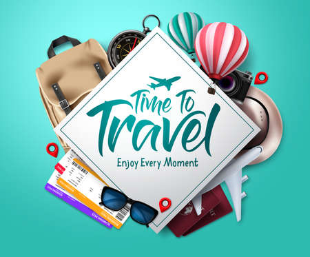 Travel time vector template design. Time to travel text in empty space frame with traveler elements for international trip and vacation. Vector illustrationのイラスト素材