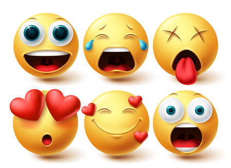 Emoji smileys in love face vector set. Smileys emoticon happy, in love and amaze facial expressions isolated in white background for graphic design elements. Vector illustrationのイラスト素材
