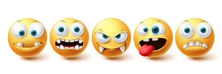 Smiley emoji vampire vector set. Smileys emoticon happy, funny, monster and toothless face collection isolated in white background for graphic design elements. Vector illustrationのイラスト素材