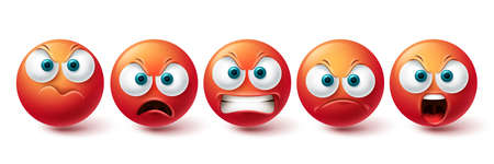 Smiley angry face vector set. Smileys emoticon mad, evil, angry and cruel red icon collection isolated in white background for graphic elements design. Vector illustrationのイラスト素材