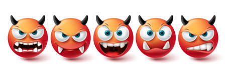 Smiley evil face vector set. Smileys emoji bad, monster, demon and scary red icon collection isolated in white background for graphic elements design. Vector illustrationのイラスト素材