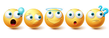 Smiley emoji vector set. Smileys yellow emoticon happy, sad, angel and thinking face collection isolated in white background for graphic design elements. Vector illustrationのイラスト素材
