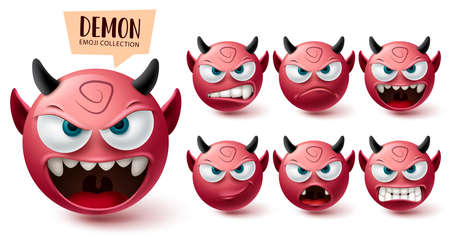 Smileys demon emoji vector set. Smiley emojis halloween red mascot character collection isolated in white background for graphic design elements. Vector illustrationのイラスト素材