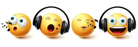 Smiley music emoji vector set. Smileys emoticon with headphones singing and listening icon collection isolated in white background for graphic design elements. Vector illustrationのイラスト素材