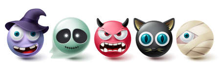 Smiley halloween emoji vector set. Emoticon and emojis in creepy and scary character collection isolated in white background for graphic elements. Vector illustrationのイラスト素材