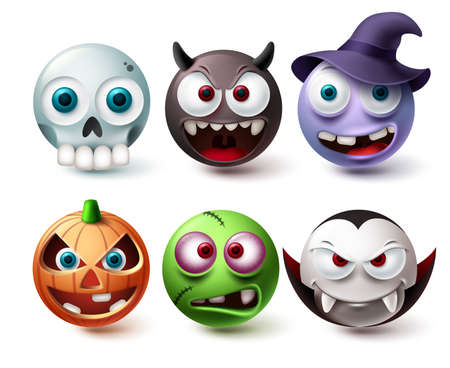Smileys halloween emoji vector set. Smiley emojis horror character mascot collection isolated in white background for graphic design elements. Vector illustrationのイラスト素材