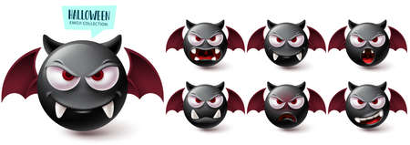 Smileys halloween emoji vector set. Smiley emojis creepy bat character collection isolated in white background for graphic design elements. Vector illustrationのイラスト素材